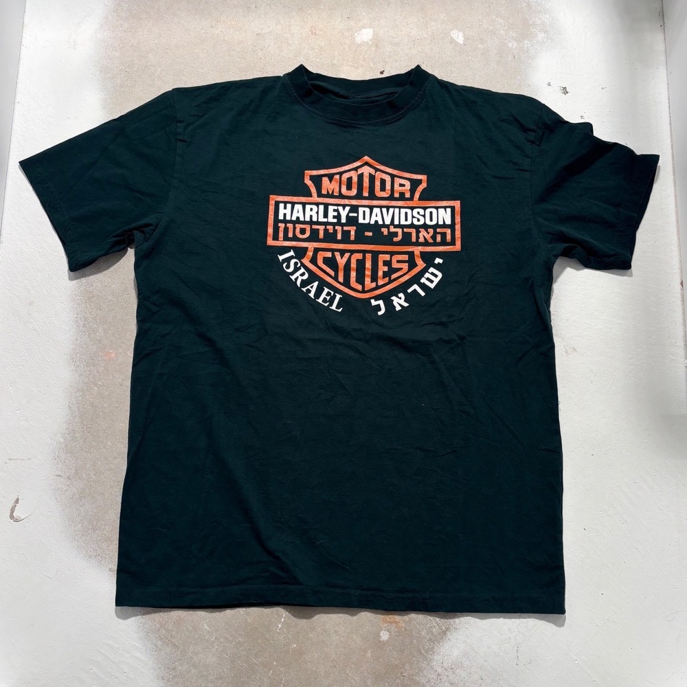 Harley-Davidson Israel T-Shirt Mens Large Green Hebrew Bar & Shield Logo Graphic